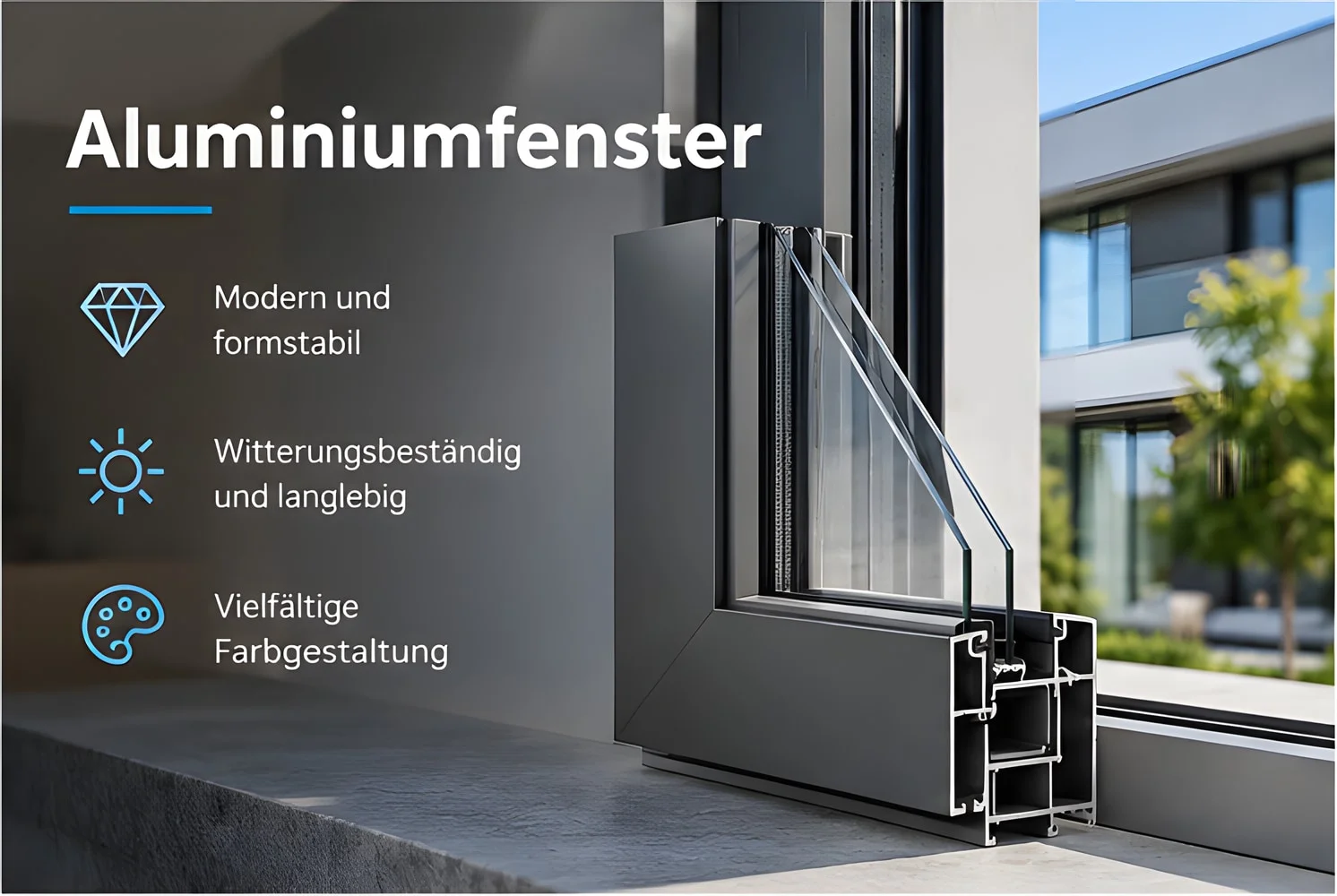 Querschnitt eines anthrazitfarbenen Aluminiumfensters: modern und formstabil, witterungsbeständig und langlebig, vielfältige Farbgestaltung