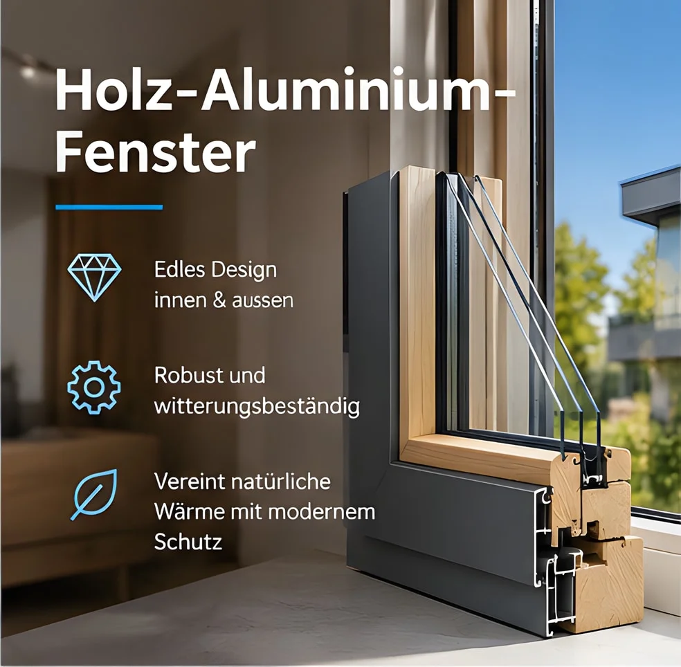 Querschnitt eines Holz-Aluminium-Fensters: edles Design innen und aussen, robust und witterungsbeständig, vereint natürliche Wärme mit modernem Schutz