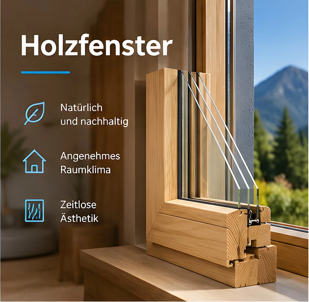 Querschnitt eines Holzfensters mit Dreifachverglasung: natürlich und nachhaltig, angenehmes Raumklima, zeitlose Ästhetik