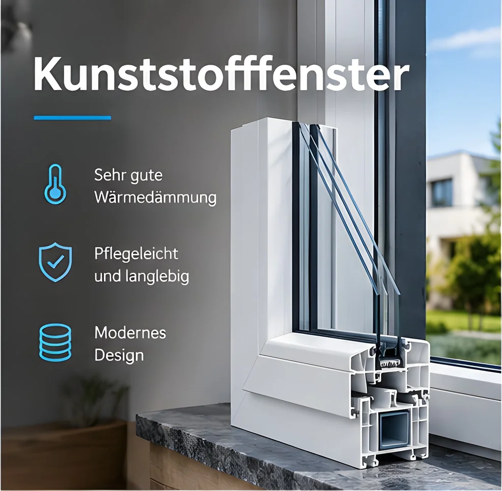 Querschnitt eines weissen Kunststofffensters mit Dreifachverglasung: sehr gute Wärmedämmung, pflegeleicht und langlebig, modernes Design