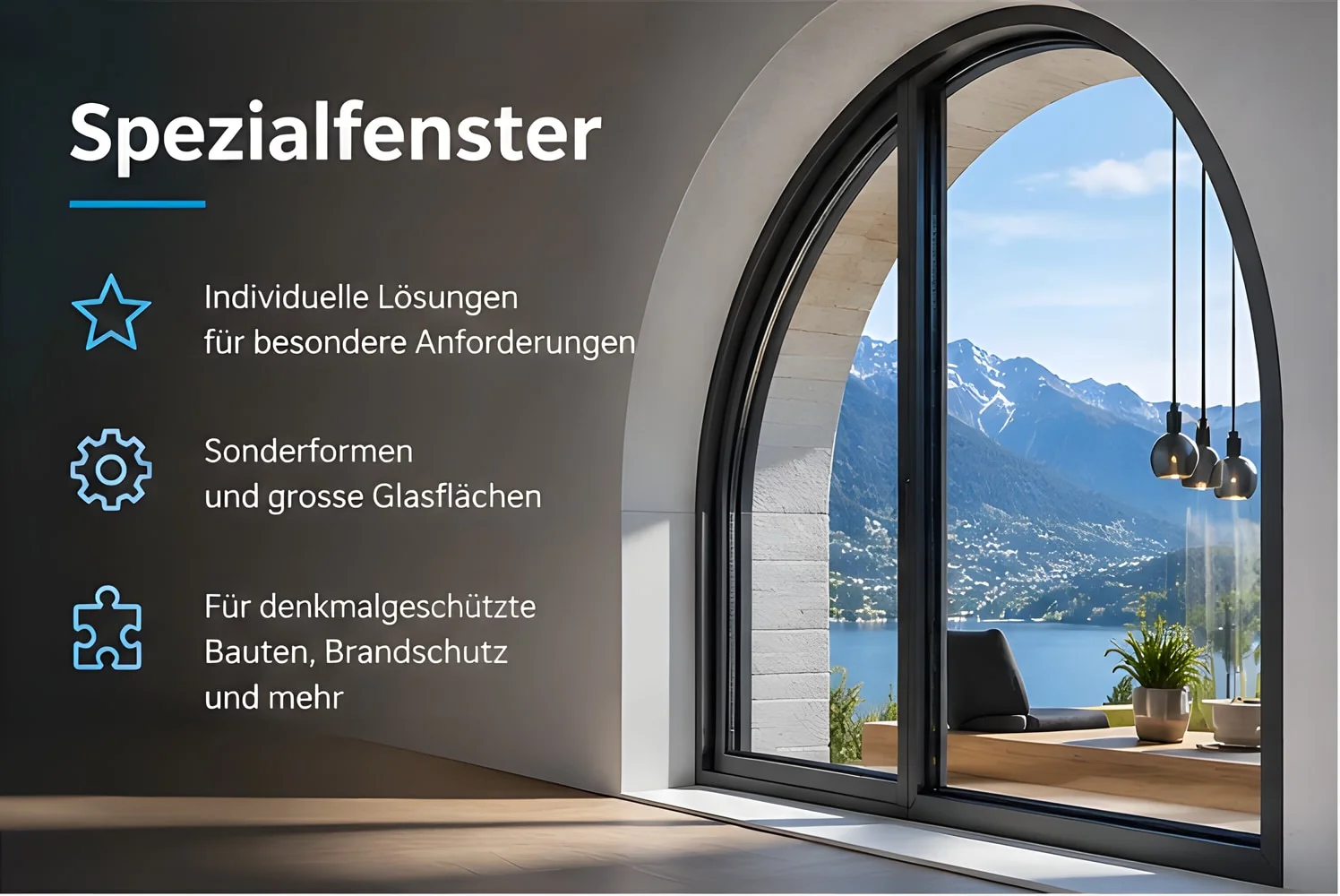 Grosses Bogenfenster mit Blick auf See und Berge: individuelle Lösungen für besondere Anforderungen, Sonderformen und grosse Glasflächen, für denkmalgeschützte Bauten, Brandschutz und mehr